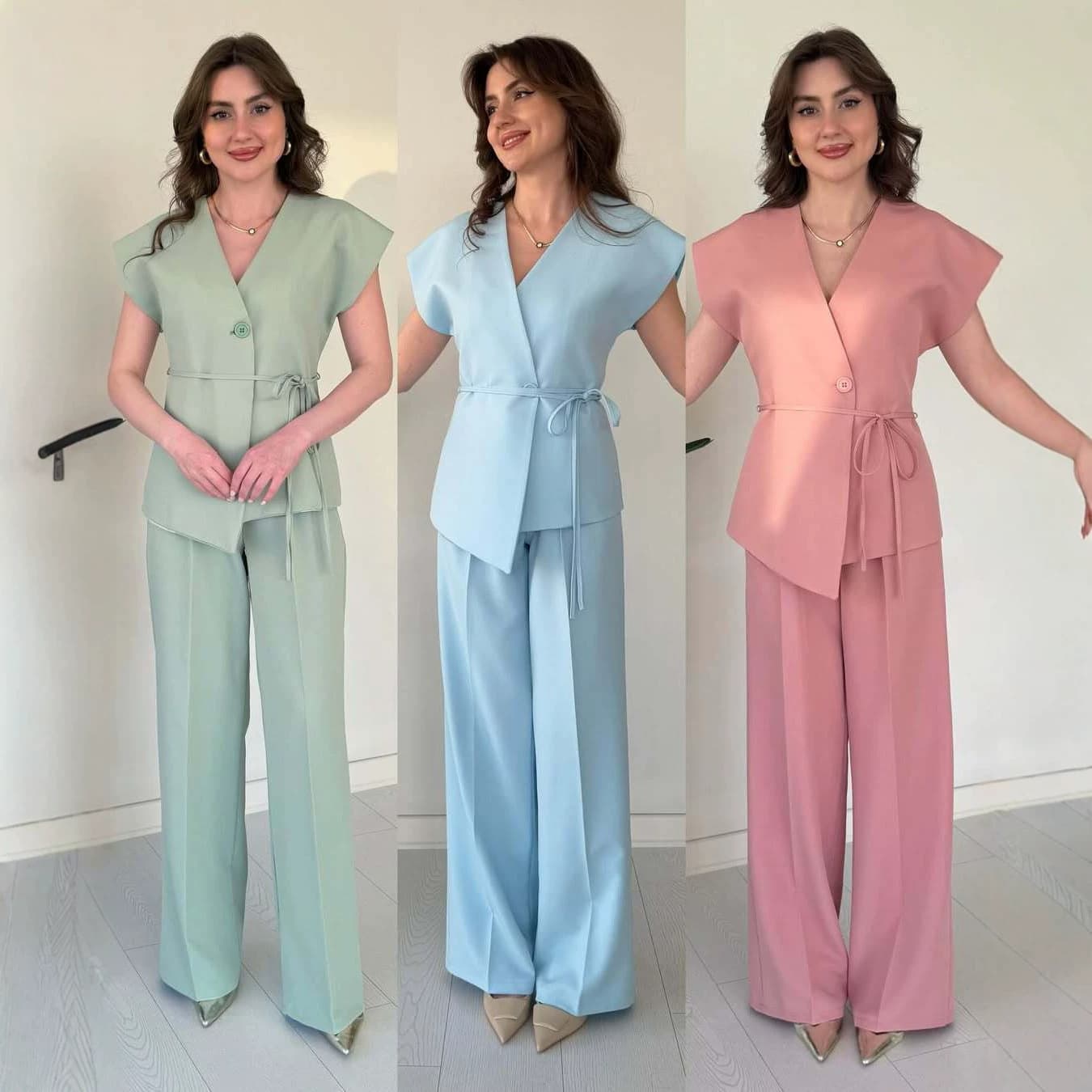 Amazon Cross-Border European and American Women's Spring/Fall Waist-Cinching V-Neck Short-Sleeve Tie-Front Blazer Top with Elegant Wide-Leg Pants Set