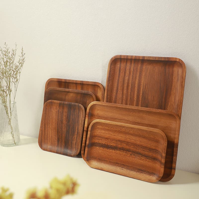 Wholesale Acacia Wood Tray Solid Wood Rectangular Home Walnut Round Plate Wooden Dish Coffee Cup Saucer