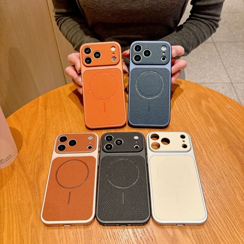 Magnetic Phone Case for iPhone 17 Pro Max, Anti-Scratch Full Coverage Grained Leather Protective Case for iPhone 16 Pro Max, 15 Pro Max