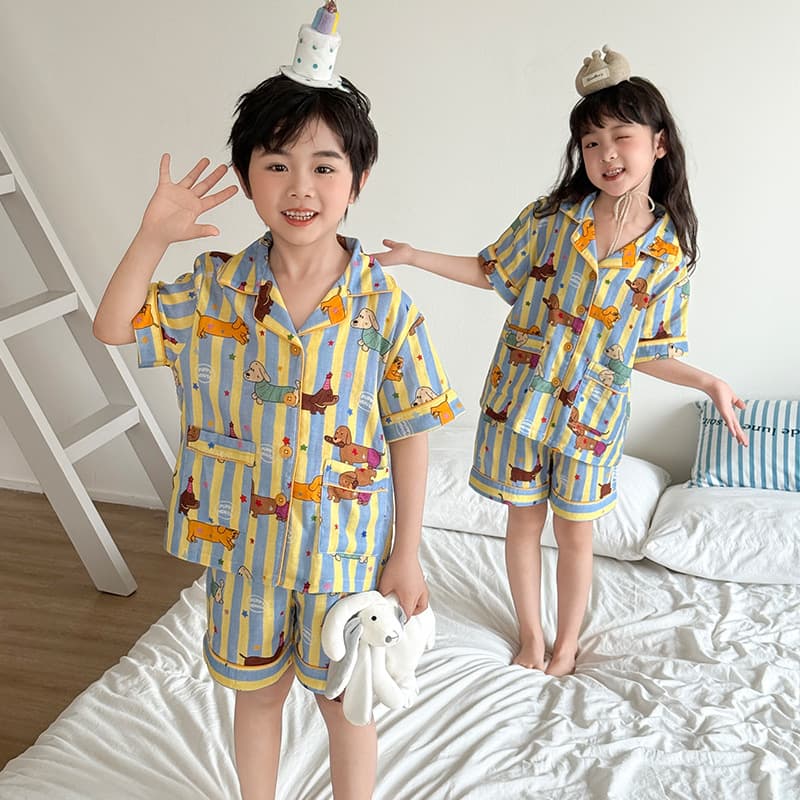 Summer Thin Pure Cotton Double-Layer Cotton Gauze Short Sleeve Pajama Set for Boys and Girls, Cartoon Cute Loungewear Wearable Outside