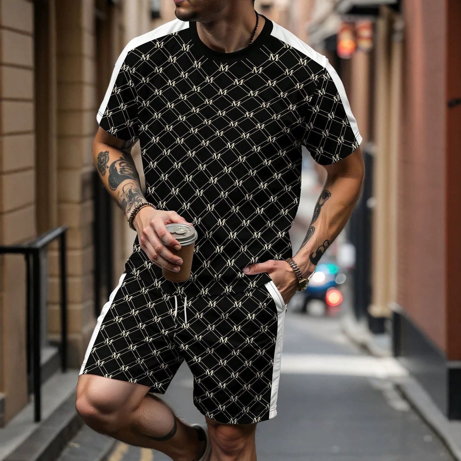 2025 Summer New Men's Casual Fashion Sports Trendy Round Neck T-Shirt Short Sleeve Shorts Set Business Style Men