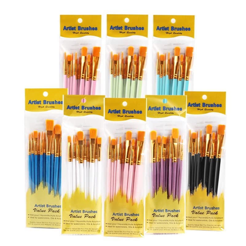 Amazon Cross-border 10-Piece Oil Painting Brush Set Plastic Handle Art Painting Watercolor Gouache Paint Brushes Oil