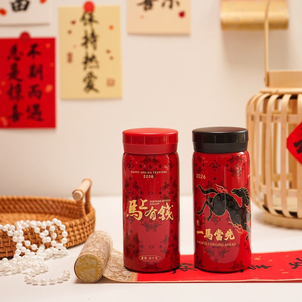 New Year Horse High-End Insulated Coffee Cup Dual-Drink Water Bottle Large Capacity with Straw Travel Cup Gift for Women