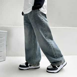 Kids Vintage Denim Pants Cool Boy Jeans Spring Autumn Mid-Large Size Trendy Wide Leg Straight Pants