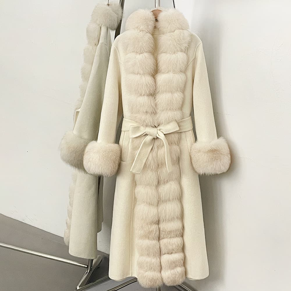 26 Winter New High-End Real Fox Fur Collar Double-Faced Wool Coat for Women, Long Length, Fashionable Waist-Tightening Woolen Overcoat