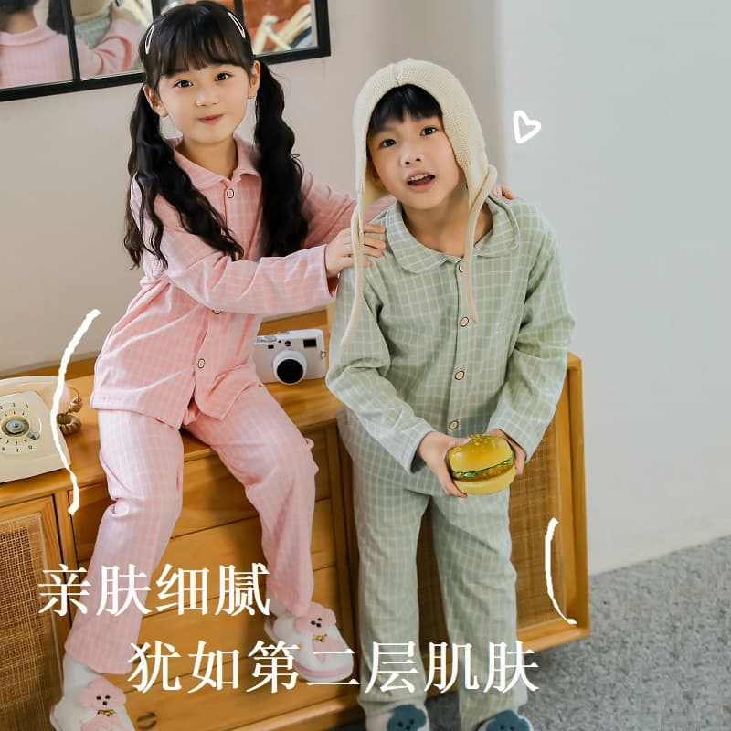 Autumn and winter children's brushed single-breasted lapel underwear set for small and medium-sized boys and girls, fine plaid warm home clothes