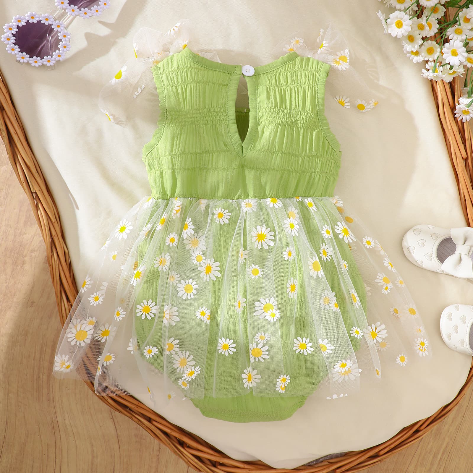 Baby Girl Romper Summer 2026 New Style Sweet INS Style Daisy Embroidered Mesh Tutu Dress