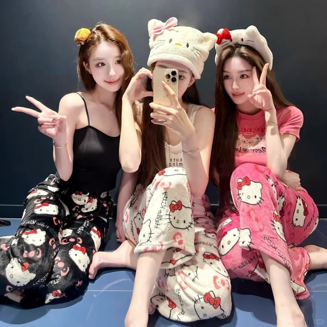 Hello Kitty Women's Autumn/Winter Loungewear Pants Straight Rice Pants High-Waist Wide-Leg Pants Coral Fleece Thickened Long Pants