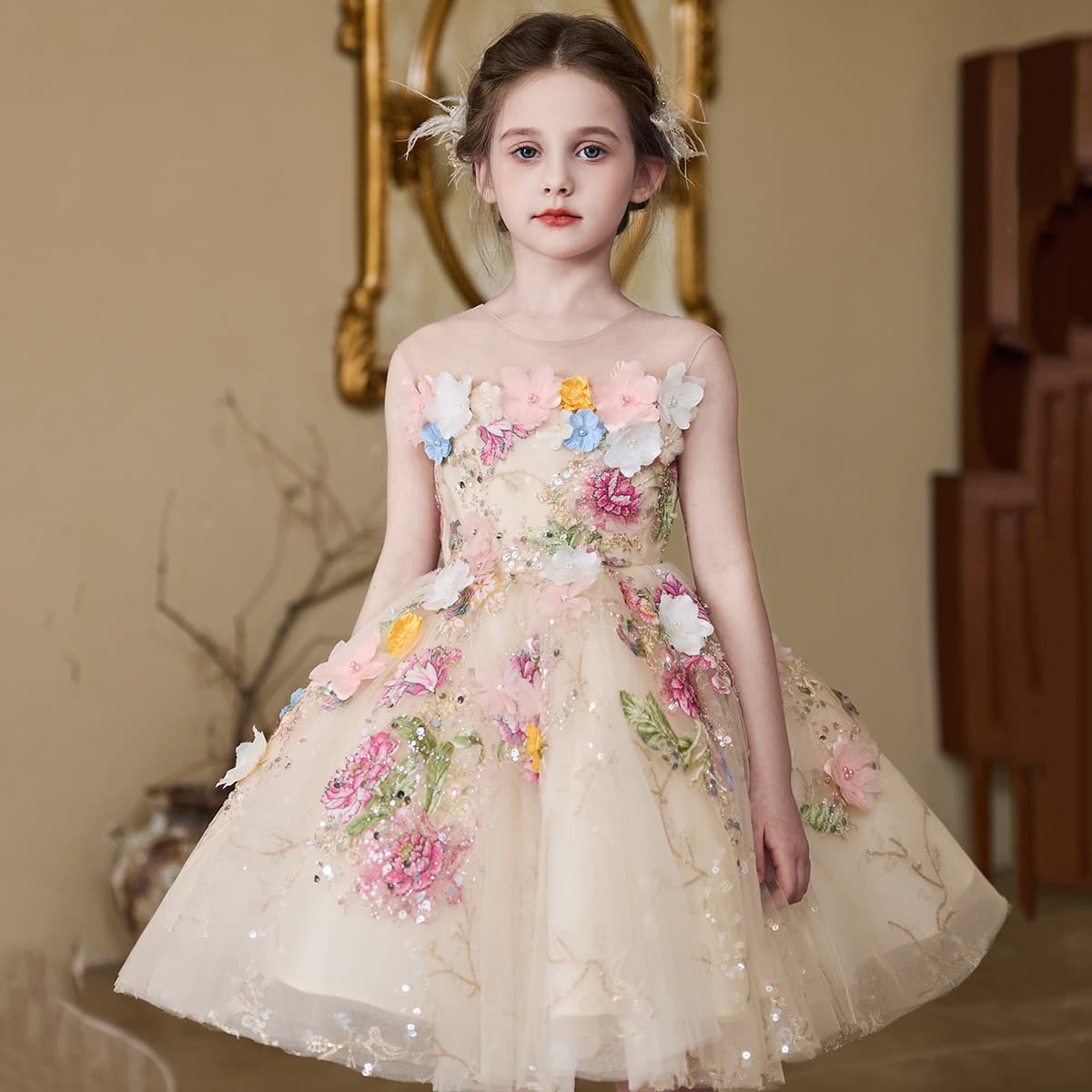 Girls' Luxury Dress, Unique Flower Girl Wedding Dress, Little Girl Birthday Princess Gown, Children's Host Performance Costume