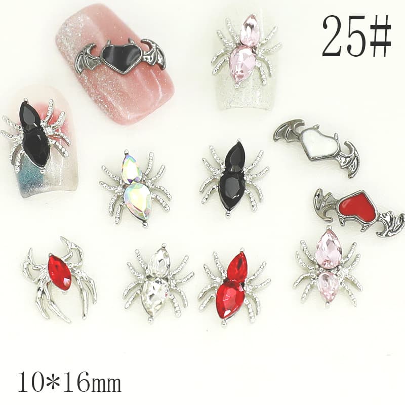 Halloween Dark Retro Black Spider Nail Ornaments Metal Color Diamond Bat Spider Nail Art Decoration White K