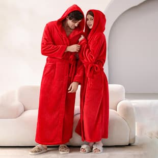 Couple's Hooded Flannel Bathrobe, Morning Robe, Extended Length to Ankle, Men's Pajama for Autumn and Winter, Women's Homewear