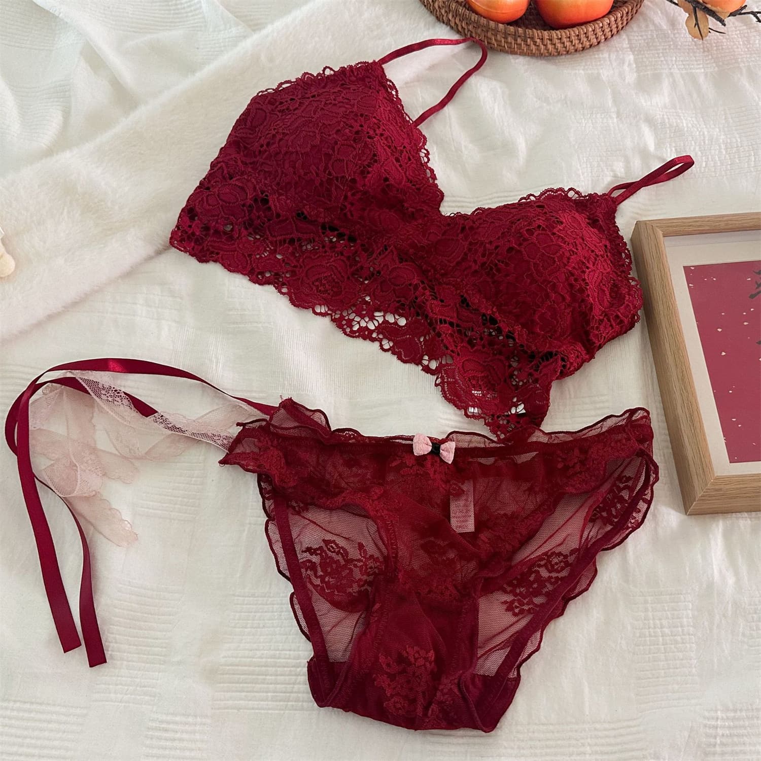 Ankela Red~ French Zodiac Year Triangle Cup Sexy Back Bra Low-rise Sexy Lace Tie Panties for Women New Year.