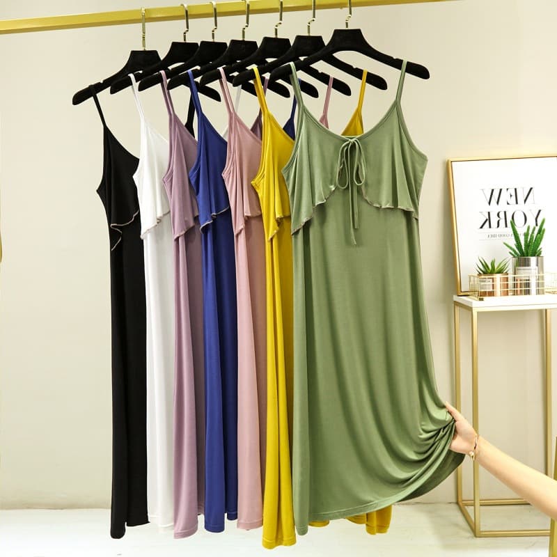 Women's Summer Thin Modal Sleeveless Nightdress with Spaghetti Straps, A-line Loose Base Skirt