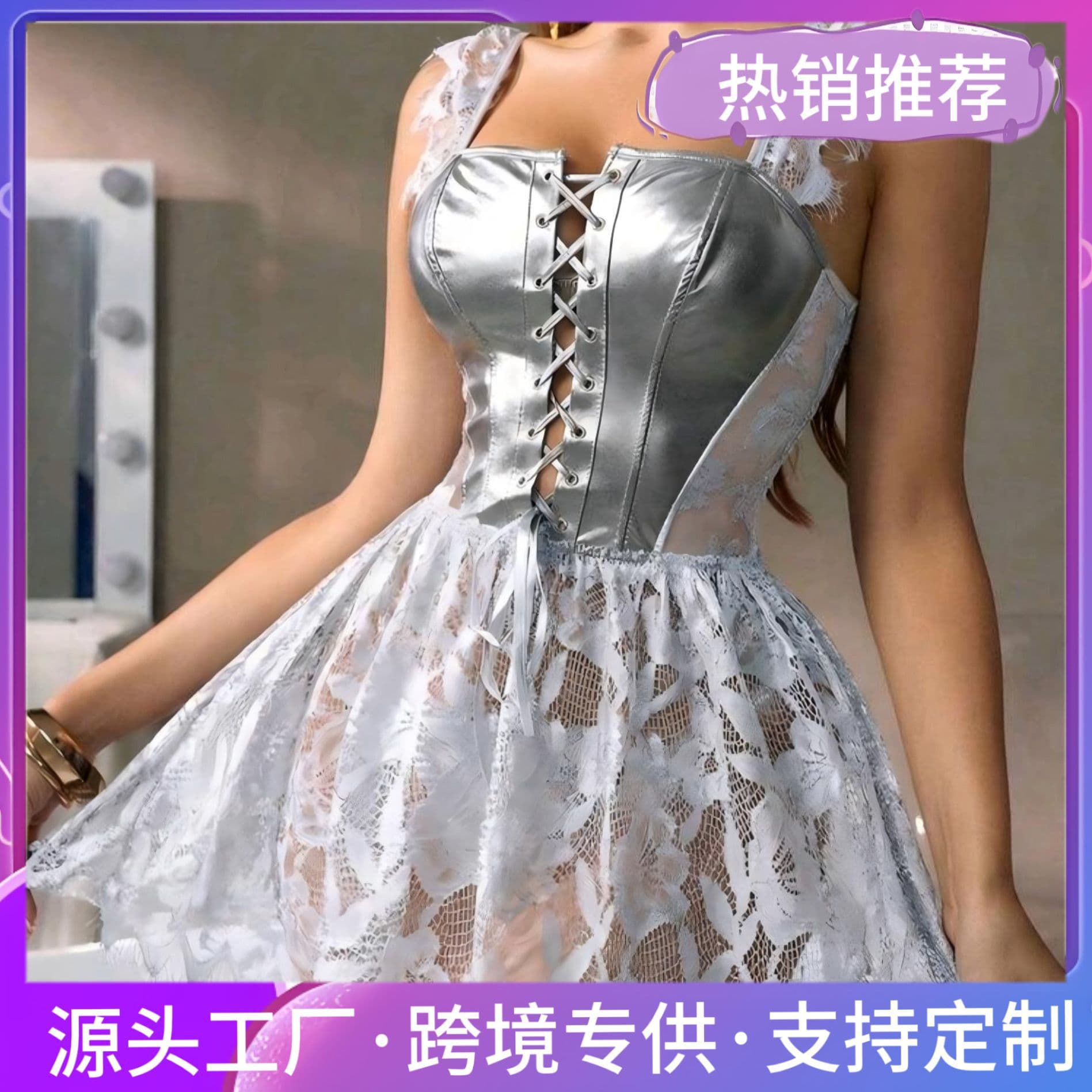 New Sexy Perspective Sexy Nightgown Lace Spliced Nightgown Set Cross-border Foreign Trade AliExpress Amazon Nightgown