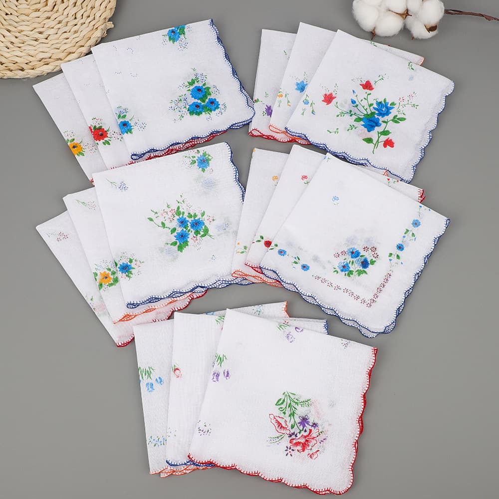Ladies' Pure Cotton Thin Floral Print Handkerchief with Scalloped Edge, Vintage Style for Middle-Aged and Elderly, Cross-Border Bestseller 28cm