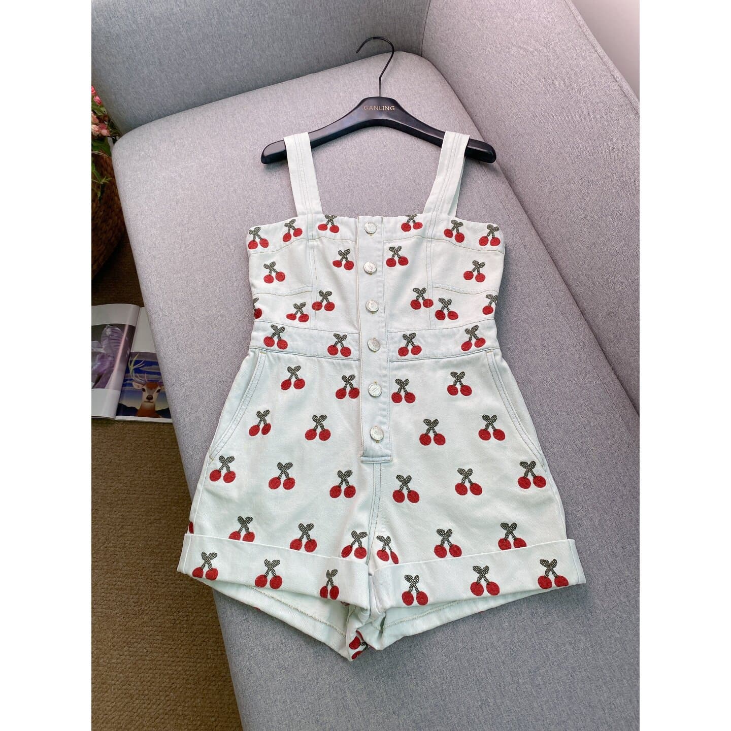 Youthful and Age-Defying ~ Heavy Cherry Embroidery Denim Overalls for Women, High Waist Short Jumpsuit Commute Button Detail Pants