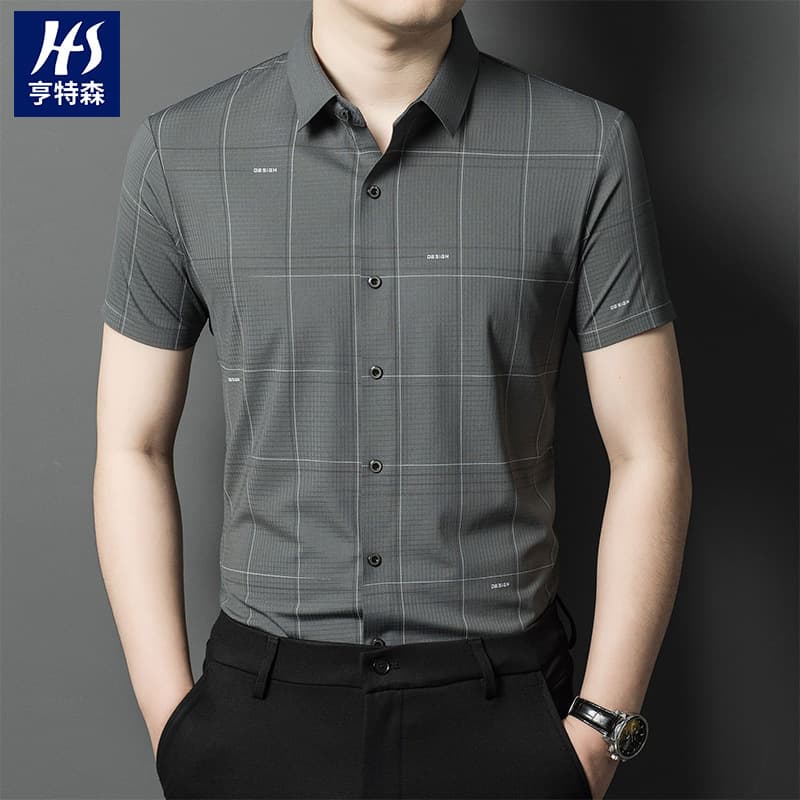 Cross-border nylon plaid short-sleeved men's shirt 2025 summer new ice silk elastic casual breathable shirt for men