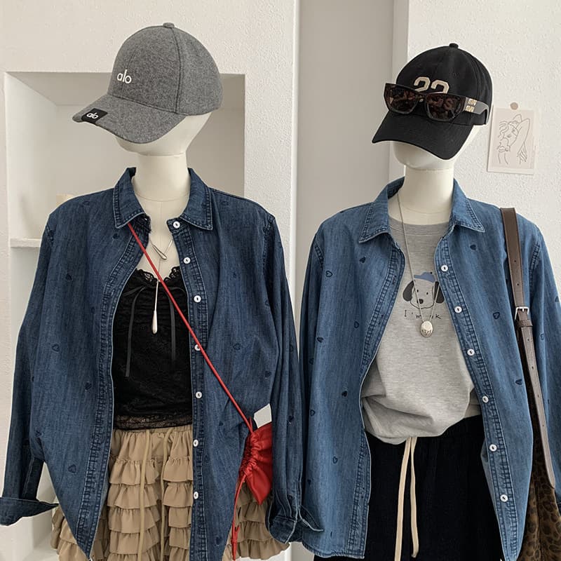 Oumalai 2026 Spring Casual Heart Embroidery Lapel Long Sleeve Mid-Length Denim Shirt for Women 6493