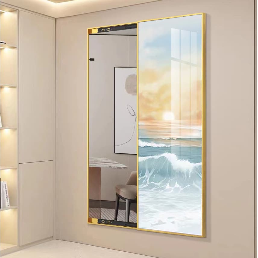 Nordic style entrance decorative painting hidden full-length mirror B&B home cloak room can be pushed and pulled to close the fitting mirror