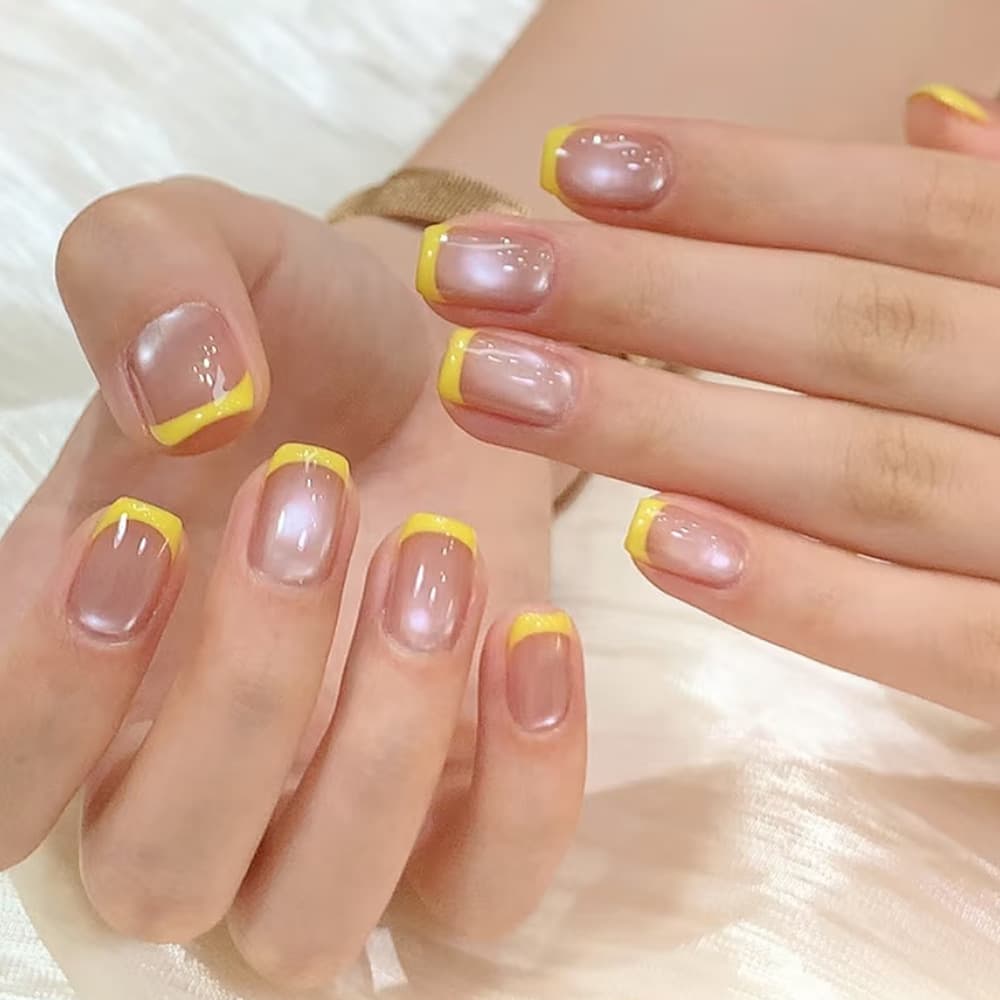 Lemon Yellow French Cat Eye Wearable Nails Nude Short Square Nail Tips Fresh Autumn Winter Commute Finished False Nails