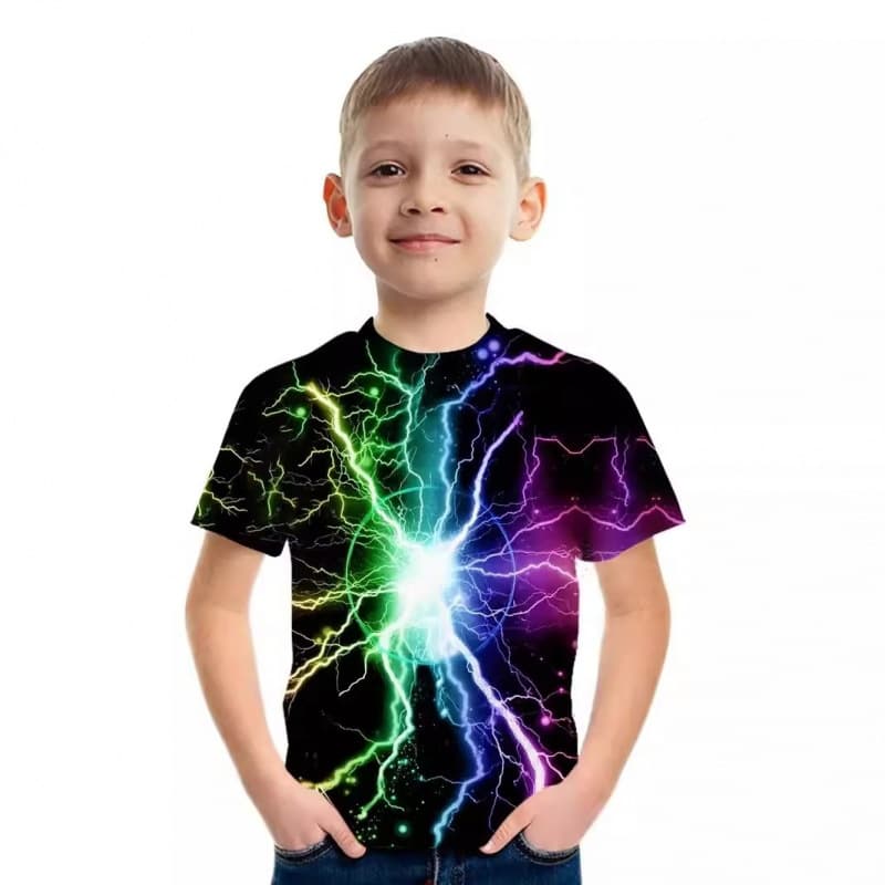 2026 New Style Boys' Short-Sleeved T-Shirt Summer Swirl Lightning Fashion Top