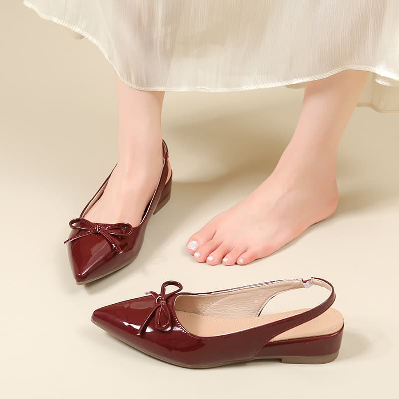 Soft leather version of French pointed-toe bow flat shoes for women, summer outer wear, temperament, one-line straps, empty toe cap sandals