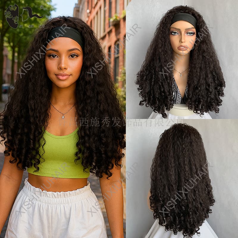 Afro Yaki Curly Headband Wig African Screw Curly Hair Women's Afro Long Curly Hair