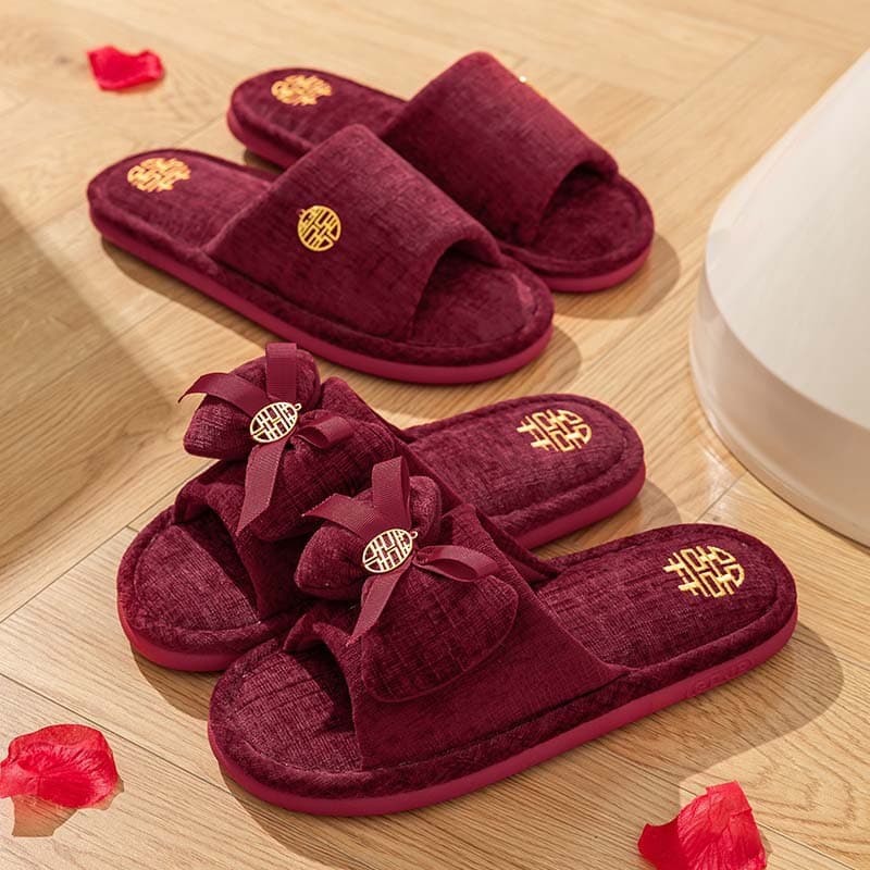 Red Slippers for Newlywed Couples, Festive Wedding Bridal Slippers, Light Luxury High-End Cotton Slippers