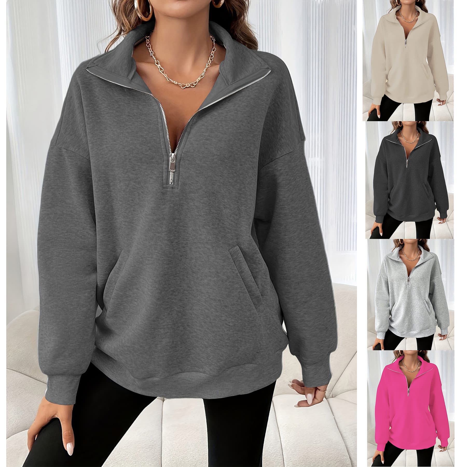 Loose Long Sleeve Hoodie with Half Zipper Autumn Winter Street Style Comfortable Casual Women's Fashion Polyester Spandex