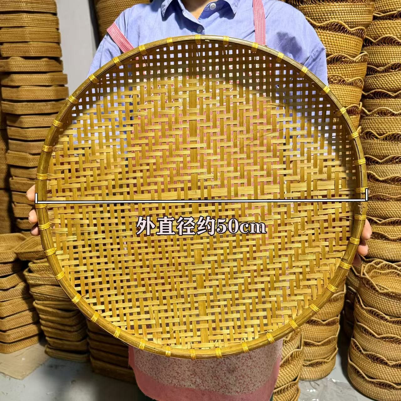 Large Handmade Bamboo Winnowing Basket Drying Tray for Home Use (6 Green Strips + 6 Perforated) Smoked Two-Piece Winnowing Basket Set