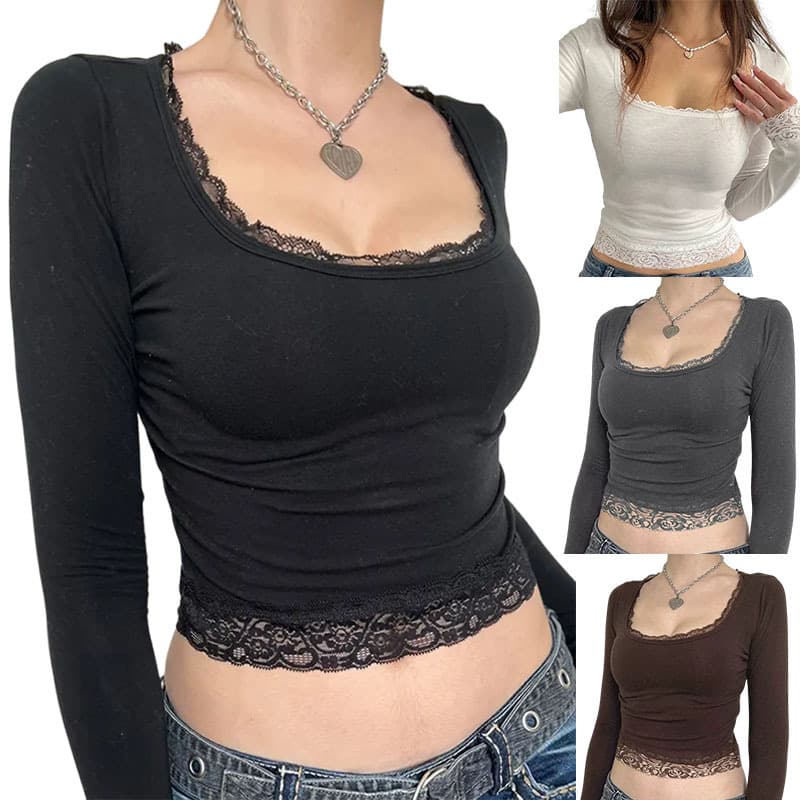 2025 Cross-Border Women's Amazon Pure Cotton Long Sleeve T-Shirt Lace Patch Short Square Neck T-Shirt Women Knit Top Wholesale