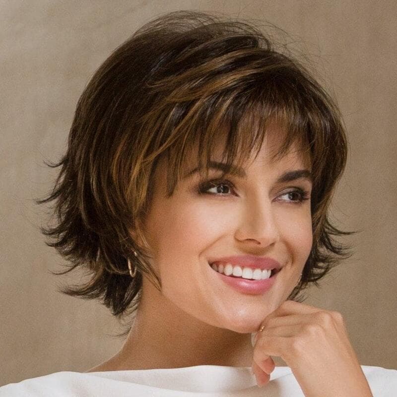 Factory Direct Short Straight Wig, Fluffy Short Bangs Dark Brown Women's Wig, Outward Curly Short Wig, Single Piece