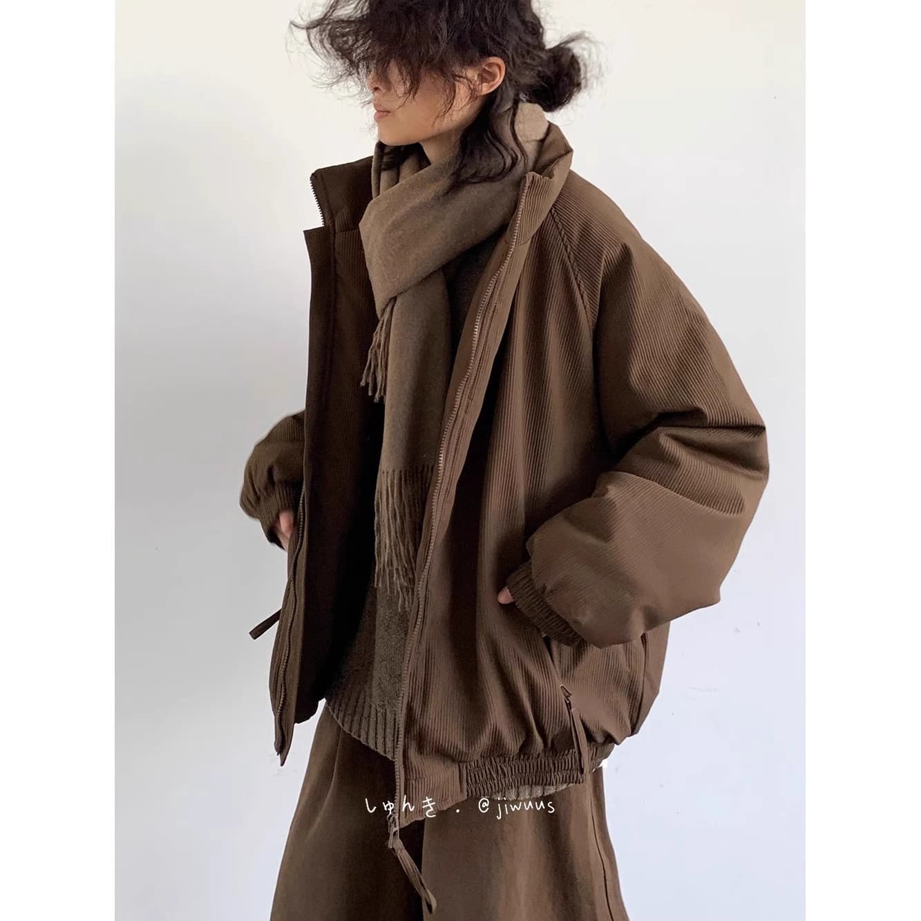Japanese Retro Mallard Coffee Color Vertical Stripe Cotton Jacket Unisex Winter Loose Casual Warm Cotton Coat Outerwear Trendy