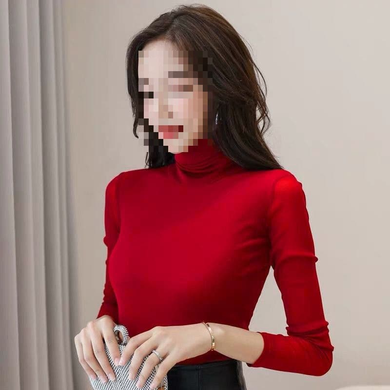 High-neck mesh versatile elegant base layer women's long-sleeve slim-fit lace top plus-size shirt