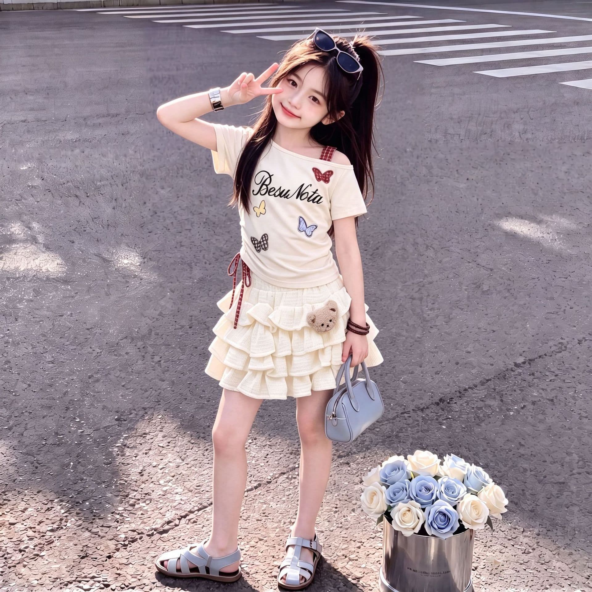 2026 summer suit dress, fashionable slanted shoulder short-sleeved T-shirt, sweet and cute princess style bear cake dress two-piece set
