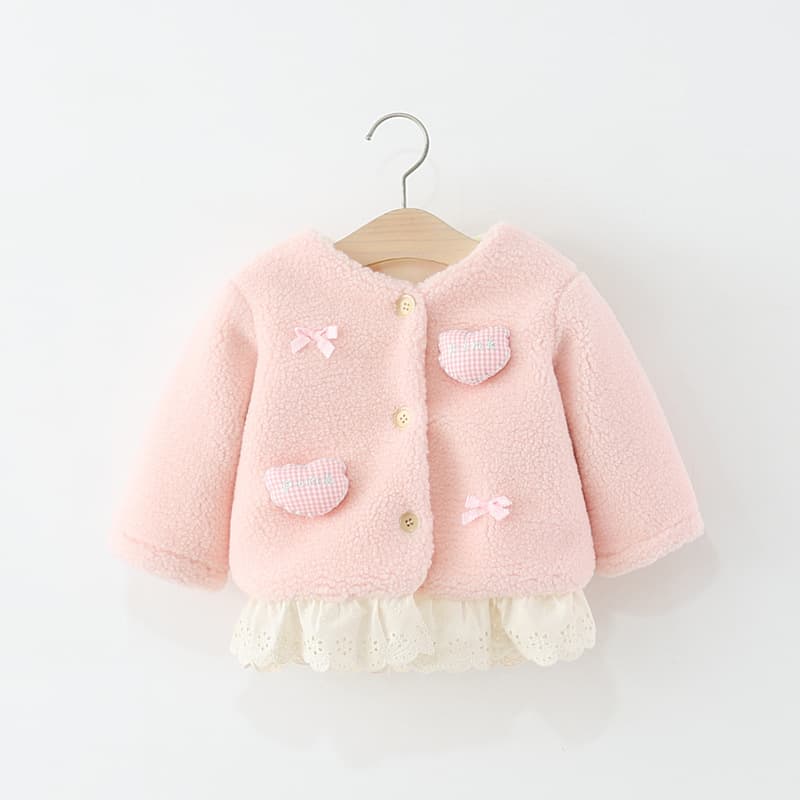 Infants Adorable Plush Jacket Pink and Blue Two-Tone Heart Lace Hem Baby Girl Winter Top Wholesale Export