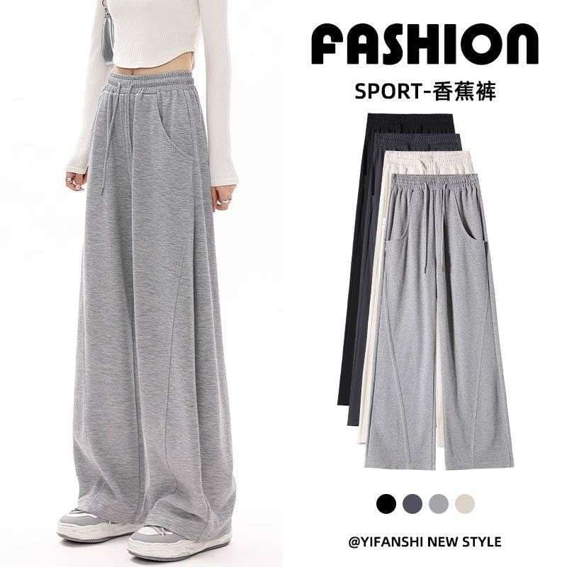 Fleece-Lined Slim Banana Sports Pants for Women, High-Waist Wide-Leg Slimming Black Casual Straight-Leg Sweatpants