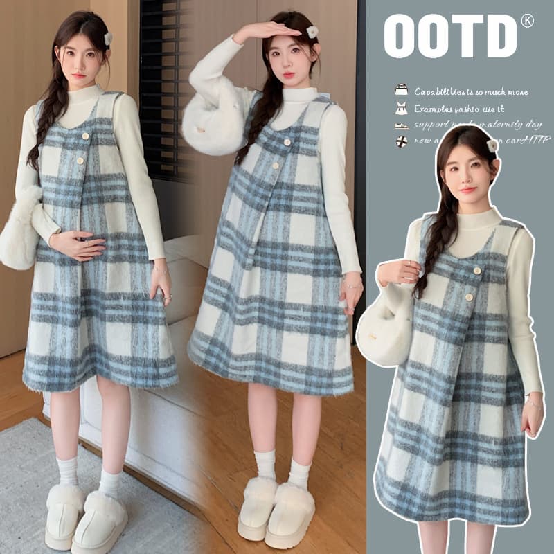 Maternity Dress 2024 Fall/Winter New Blue and White Plaid Wool Sweet Youthful Suspenders Skirt + Base Sweater Two-Piece Set