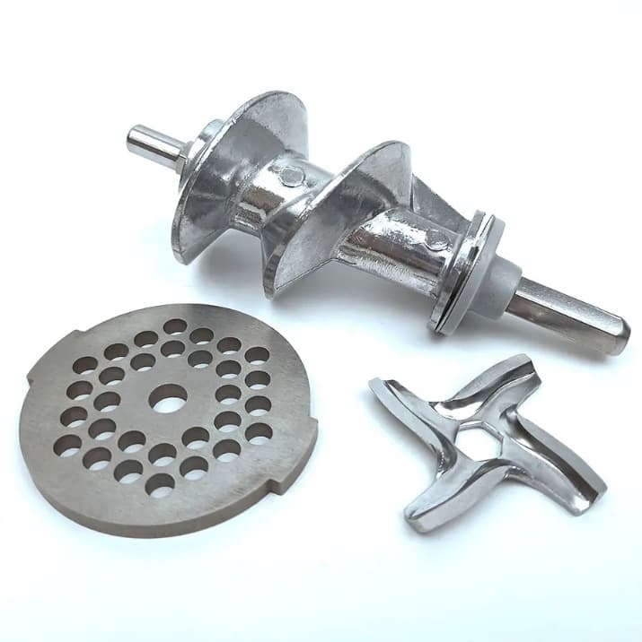 Meat Grinder Parts: Grinder Housing, Spiral, Matching Grinder Screw, Nut, Knife, and Meat Output Plate