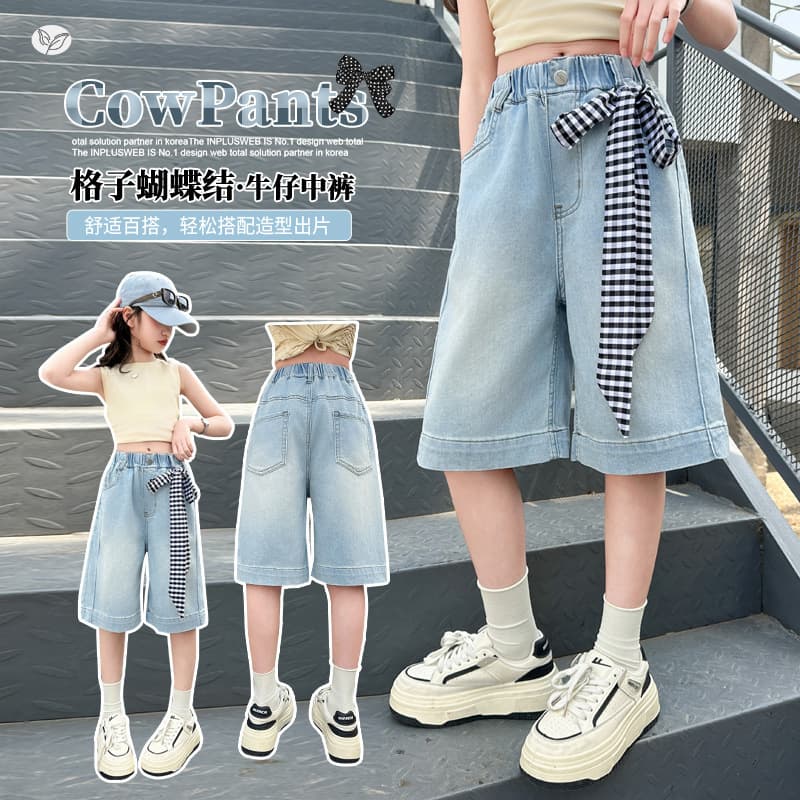 Girls Korean Style Denim Mid-Length Shorts 2026 Summer New Bow-Tie Straight-Leg Shorts for Older Kids Lightweight Loose Shorts