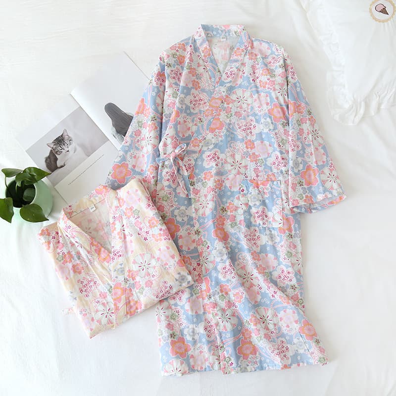 Women's Spring/Summer Japanese Yukata Cotton Printed Thin Bathrobe with Tie Belt, Women's Homewear