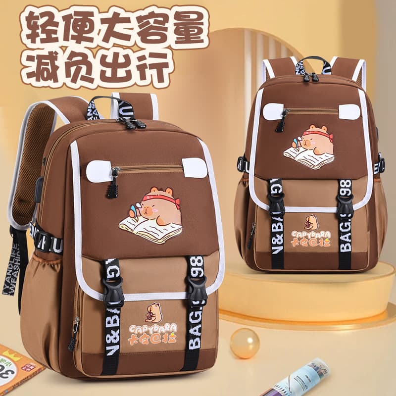 New Cross-border Elementary School Backpack for Girls, Capybara Lightweight Spine Protection Large Capacity Children's Backpack Grades 1-6