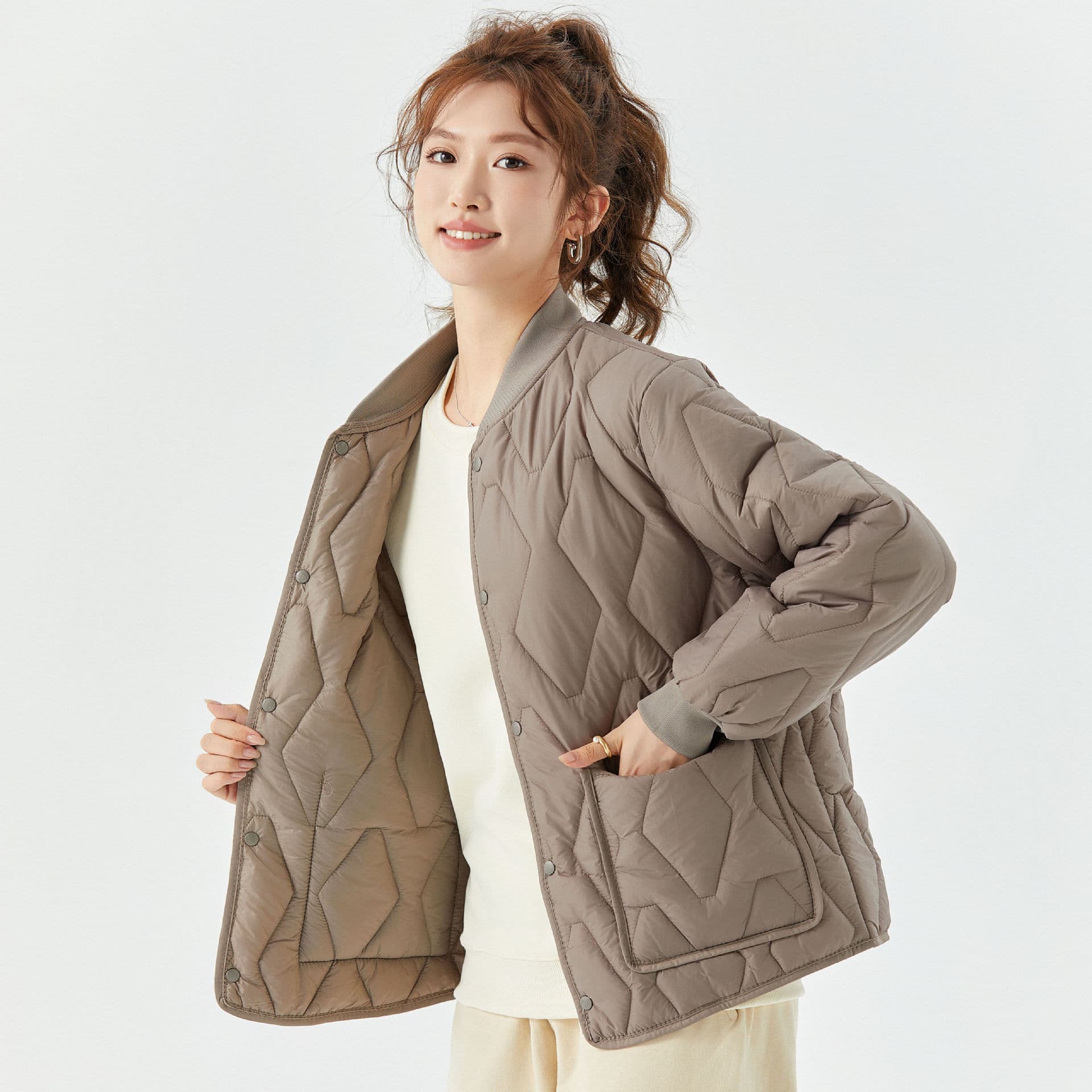 Women's Warm Long Sleeve Cotton Liner Home Wear Cotton Coat Fleece Ribbed Collar Can Be Worn as Outerwear Top 2533