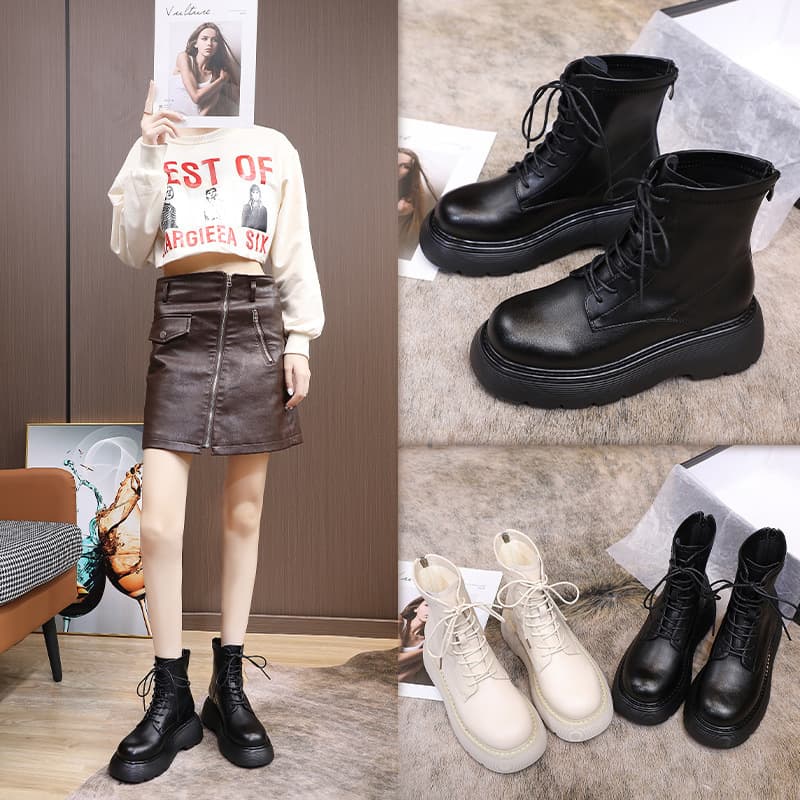 Fashionable Thick-Soled Martin Boots for Women 2024 New Autumn and Winter Mid-Calf Fleece-Lined Elastic Short Boots Size 33 Single Boots Women's Shoes