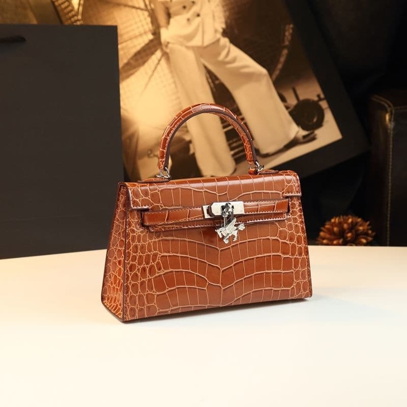 Small bag crocodile pattern Kelly bag genuine leather women's bag 2026 new fashion shoulder bag second generation mini crossbody bag