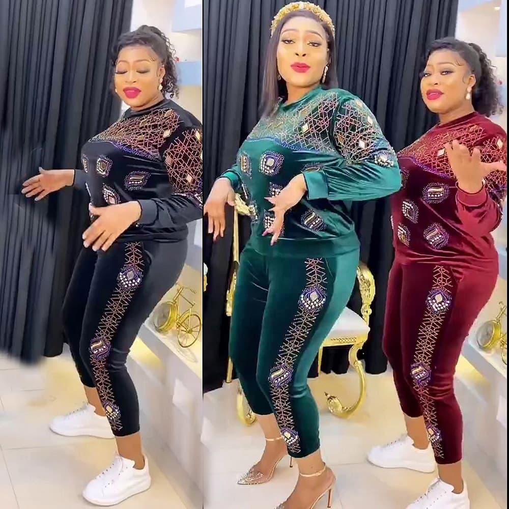 Cross-border foreign trade Africa fashionable women's clothing set slim long sleeve elastic velvet hot-fix rhinestone ready stock wholesale