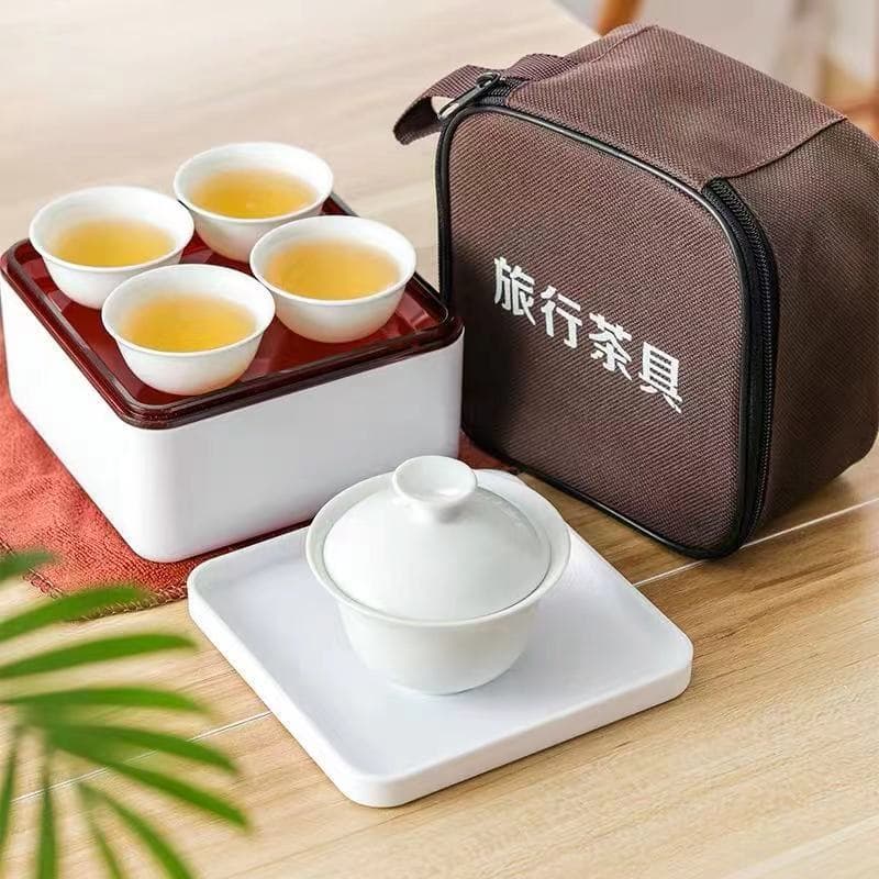 Portable Travel Tea Set for Car, Outdoor Camping, Drip Tray, Gongfu Tea Set, White Gaiwan, Tea Cup Set Wholesale