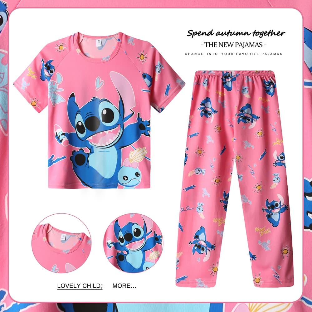 Summer Girls' Pajama Set, Thin Short Sleeve Top and Long Pants, Air Conditioning Wear, Suitable for Medium to Older Children, Can Be Worn Outside