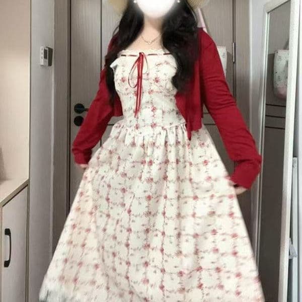 Plus-Size Dress Set for Women, Spring and Summer, Waist-Cinching Floral Tank Dress with Cardigan, Plus-Size Slimming Effect