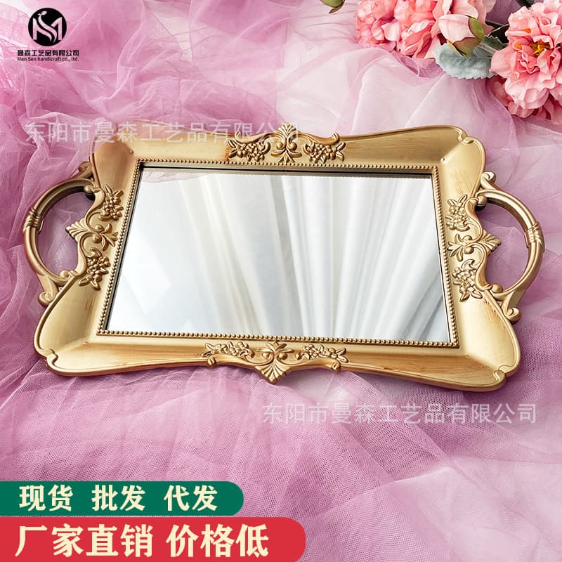 Golden retro European mirror round tray afternoon tea dessert table setting equipment storage tray photo props